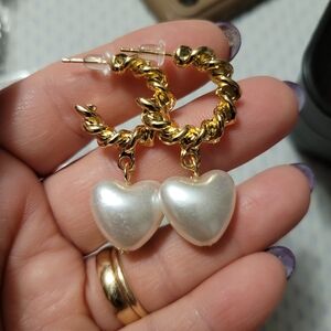 Gold hoop heart pearl earrings